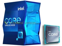 Caixa para o i9-11900K e o novo logotipo Intel Core no chip. (Fonte da imagem: VideoCardz/PCGamesN - editado)