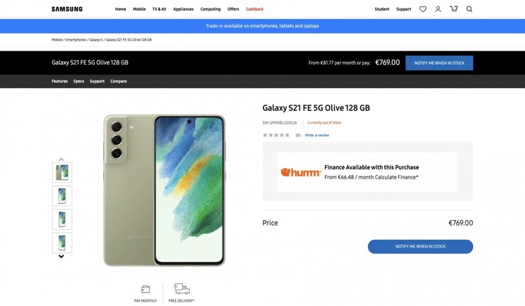 O mais recente suposto vazamento do S20 FE. (Fonte: Samsung IE via GSMArena)