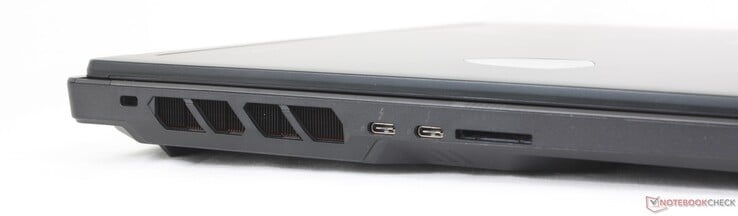 Esquerda: trava Kensington, 2x USB-C Thunderbolt 4 com DisplayPort + Power Delivery, leitor de cartão SD