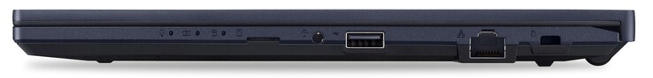 Lado direito: leitor de cartões microSD, conector de áudio combinado, 1x USB-A 2.0, GigabitLAN, fechadura Kensington