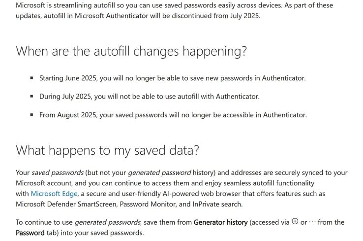 Captura de tela das alterações no armazenamento de senhas do Microsoft Authenticator. (Fonte da imagem: Microsoft)