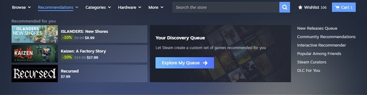 A nova área de recomendação é baseada em fatores como tempo de jogo, compras anteriores e recomendações de amigos. (Fonte da imagem: Steam)