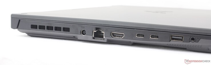 Esquerda: Adaptador CA, Gigabit RJ-45, HDMI 2.1, 1x USB-C 3.2 Gen. 2 c/ DisplayPort + Power Delivery + G-Sync, 1x USB-C 4.0, 1x USB-A 3.2 Gen. 1, fone de ouvido de 3,5 mm