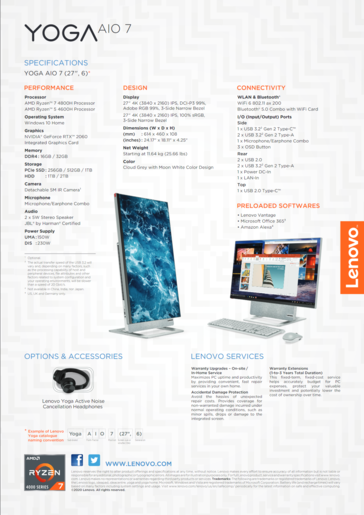 Lenovo Yoga AIO 7 - Especificações. (Fonte: Lenovo)