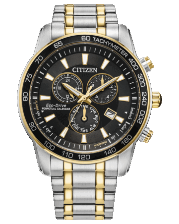 Cronógrafo Citizen Classic Eco-Drive com mostrador preto, caixa e pulseira de aço inoxidável bicolor de 44 mm, luneta taquimétrica, três submostradores e janela de data.