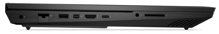 Esquerda: alimentação, Gigabit Ethernet, USB 3.2 Gen 1 (USB-A), Mini DisplayPort, HDMI 2.1, Thunderbolt 4 (USB-C; Power Delivery, DisplayPort), combo de áudio, leitor de cartões de armazenamento (SD)