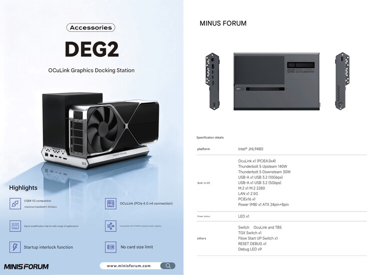 As principais especificações do dock DEG2 eGPU (Fonte da imagem: Minisforum - tradução automática)