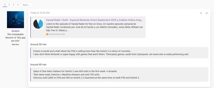 Vendas de consoles Switch 2 e PS5 na Espanha a partir do podcast Vandal (Fonte da imagem: captura de tela, fóruns Smitch@ResetEra)