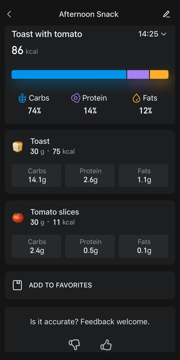Uma captura de tela do recurso Food Log atualizado no aplicativo Zepp. (Fonte da imagem: Zepp App)