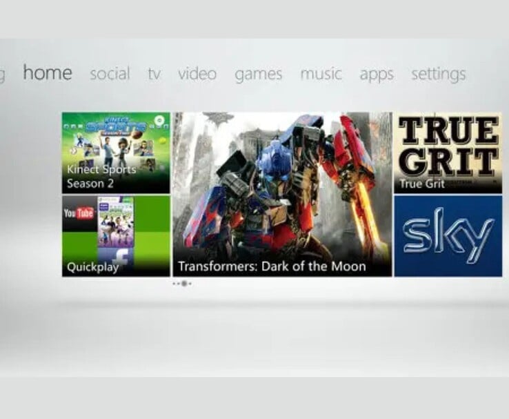 Uma captura de tela do painel do Xbox 360 mostrando o layout da interface Metro UI, com blocos de anúncios proeminentes para Transformers: Dark of the Moon, True Grit e Sky. Outros blocos destacam os aplicativos Kinect Sports Season 2 e YouTube/Facebook Quickplay. (Fonte da imagem: Microsoft (captura de tela da interface do usuário do Xbox 360 via mídia promocional)