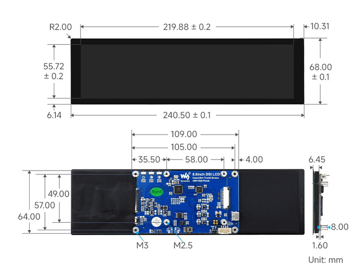 Desenhos dimensionais mostrando os perfis frontal, traseiro e lateral do painel 480 x 1920
