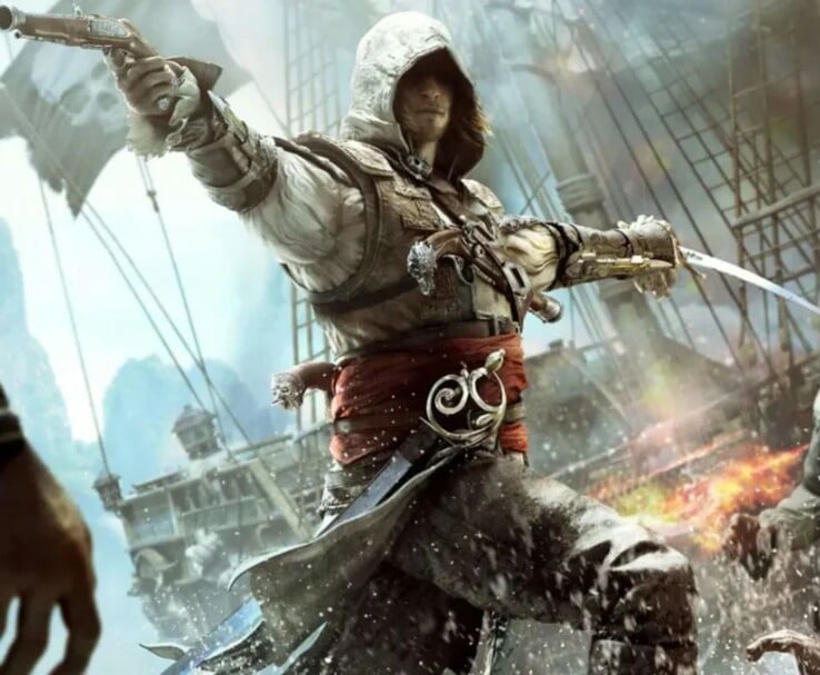 Edward Kenway em Assassin's Creed IV: Black Flag empunhando uma espada e uma pistola durante um combate naval (Fonte da imagem: Ubisoft)