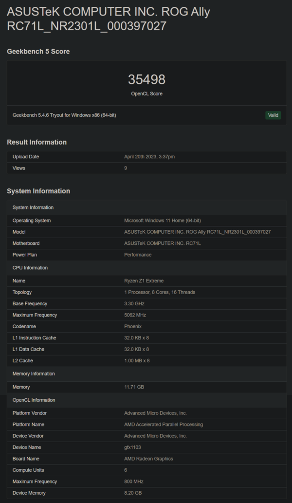 Asus ROG Ally on Geekbench (imagem via Geekbench)