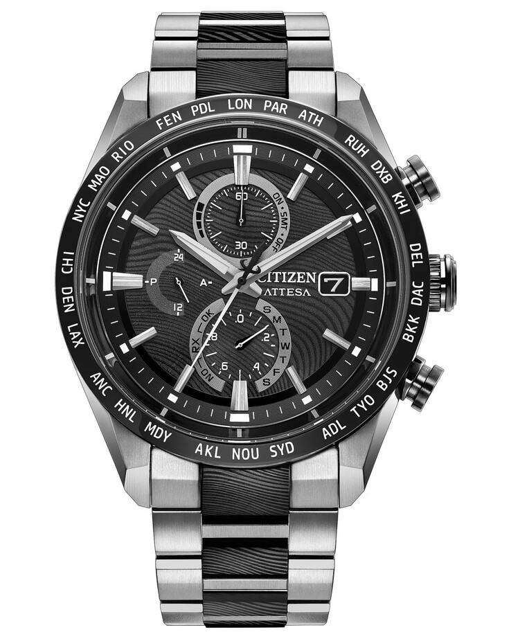 Os destaques do mostrador incluem marcadores aplicados, submostradores triplos e marcações de fuso horário global ao redor do bezel.