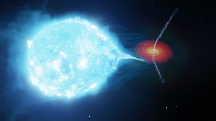 Uma ilustração mostrando o sistema Cygnus X-1.