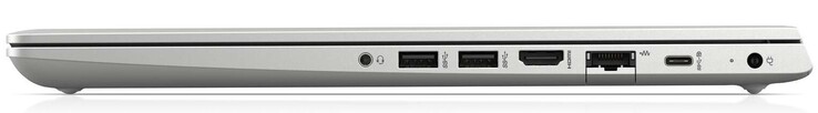 Right-hand side: 3.5 mm jack, 2x USB 3.1 Gen1 Type-A, HDMI, Gigabit LAN, 1x USB 3.1 Gen1 Type-C, power LED, proprietary power connector