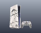 O PS5 e seu controle com skins personalizadas do Ghost of Yotei.