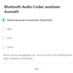 Codecs de áudio Bluetooth disponíveis