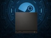 Máquina a vapor da Valve vista na frente do logotipo da Steam