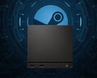 Máquina a vapor da Valve vista na frente do logotipo da Steam