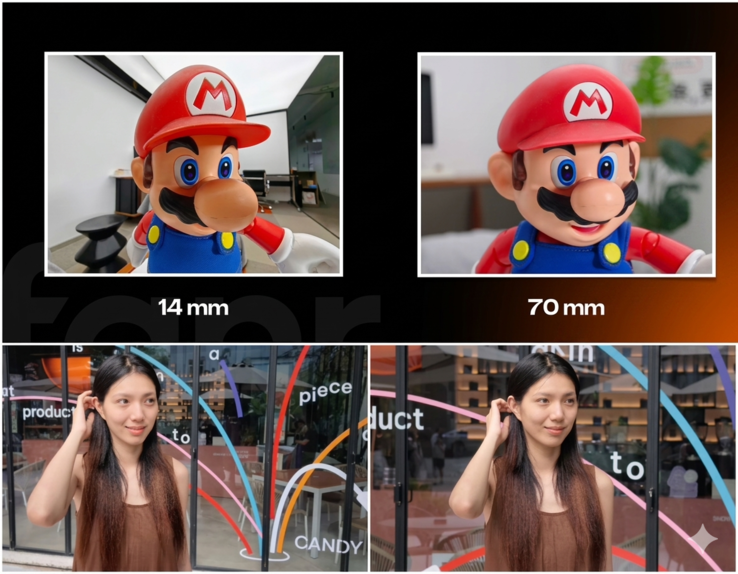 A diferença na distorção é enorme - 1x (esquerda) vs. zoom 3x (direita).