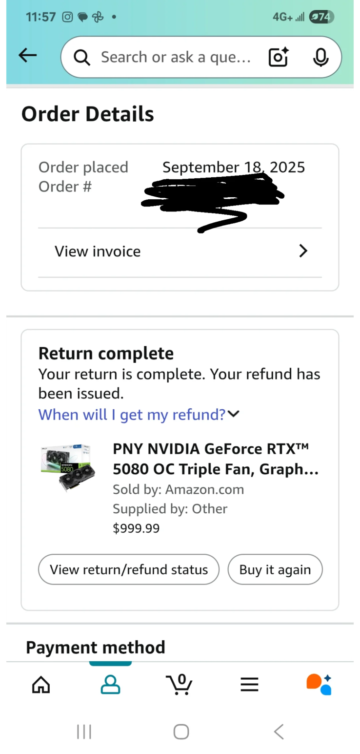 Uma captura de tela do retorno bem-sucedido da Amazon (fonte da imagem: r/pcmasterrace)