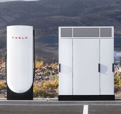 Um Supercharger V4 da Tesla e um gabinete (Fonte da imagem: Tesla)
