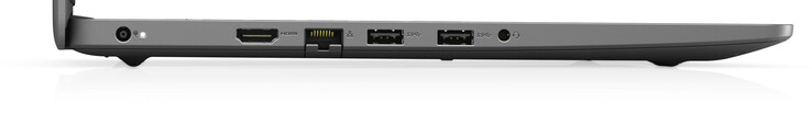 Esquerda: adaptador AC, HDMI, Gigabit Ethernet, 2x USB 3.2 gen 1 (tipo A), porta de áudio combinada