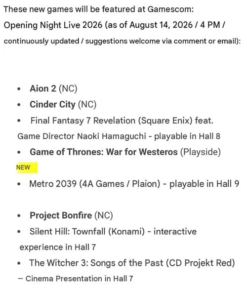 Programação da Gamescom 2026 com a demo jogável de Final Fantasy 7 Revelation