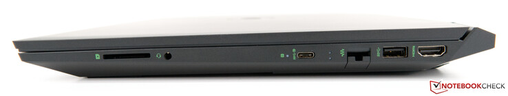 Right side: SD card reader, 3.5-mm combination headphone/microphone jack, one USB Type-C port (5 Gbit/s; DisplayPort 1.4 over USB), Gigabit RJ-45 port, one USB 3.1 Gen. 1 port, HDMI 2.0 output