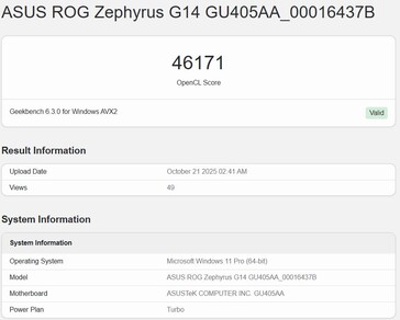 Pontuação OpenCL da iGPU Intel Panther Lake no Geekbench (pior pontuação). (Fonte da imagem: Geekbench)