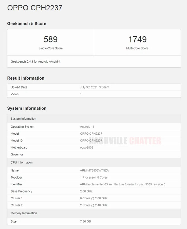 A "OPPO CPH237" no Geekbench 5. (Fonte: Geekbench via NashvilleChatter)