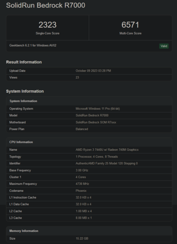 Pontuação do AMD Ryzen 3 7440U no Geekbench (imagem via Geekbench)