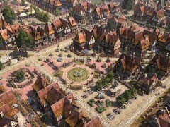 Uma imagem que mostra uma praça pública em Farthest Frontier.
