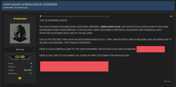Grupo Desorden reivindicando a responsabilidade de invadir os servidores da Acer Índia. (Fonte de imagem: Privacy Affairs)