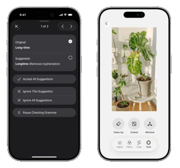 Um verificador gramatical (à esquerda) pode ser um dos vários novos recursos de escrita com tecnologia de IA que o Apple planejou, enquanto o aplicativo Fotos deve se tornar mais competitivo com opções de edição com tecnologia de IA.