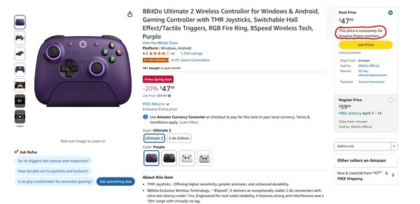 A oferta do controlador sem fio 8BitDo Ultimate 2 é exclusiva para membros do Amazon Prime. (Fonte da imagem: Amazon)