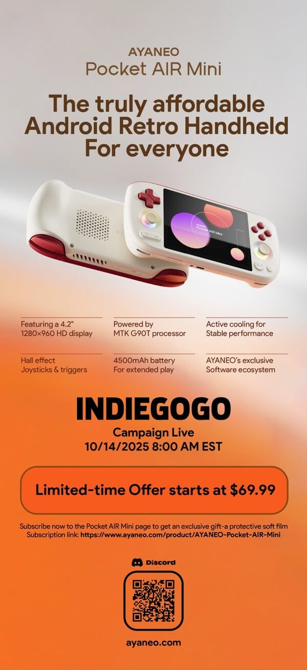 O Ayaneo Pocket Air Mini estará disponível para encomenda via Indiegogo. (Fonte da imagem: Ayaneo)