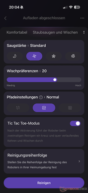 Configurações para o desempenho da limpeza