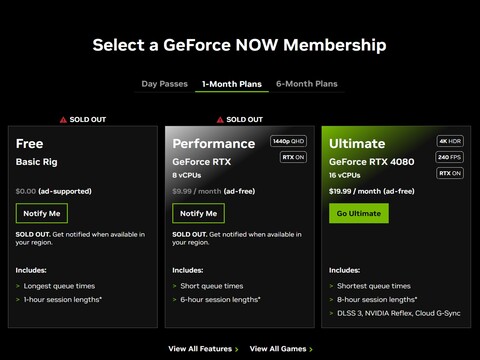 GeForce Agora as opções de nível estão esgotadas (Fonte da imagem: Nvidia)