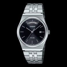 Relógio Casio MTP-B146D-1AV em aço inoxidável, com mostrador preto com efeito sunburst e pulseira prateada,