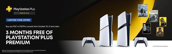 Os compradores que comprarem e ativarem um PS5 Pro ou PS5 entre hoje e 21 de outubro receberão 3 meses de PlayStation Plus Premium. (Fonte da imagem: PlayStation)