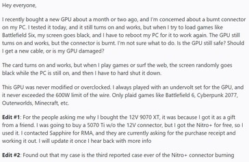 Falha no conector Sapphire Nitro RX 9070 XT 12VHPWR. (Fonte da imagem: r/pcmasterrace no Reddit)