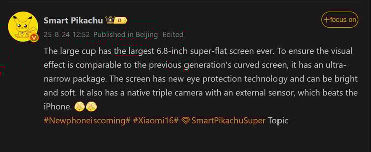 Relatório do Smart Pikachu sobre o Xiaomi 16 Pro (Fonte da imagem: Weibo - tradução automática)