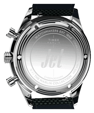 Vista traseira do Timex Marlin Jet Chronograph mostrando o seu fundo de caixa em aço inoxidável