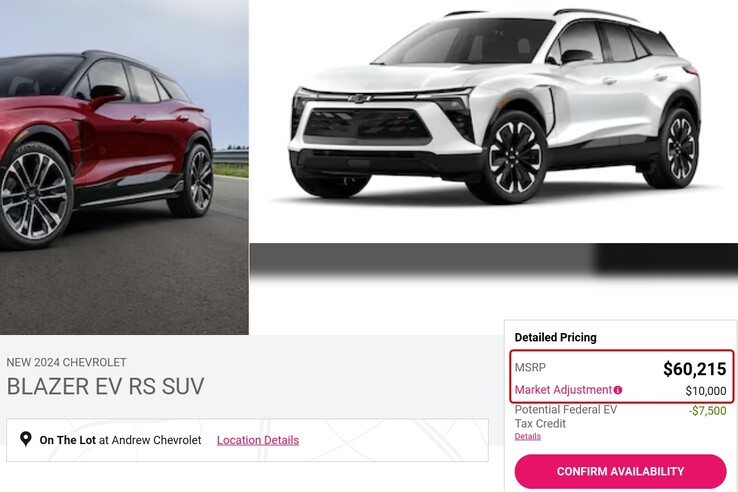 Muitos revendedores ainda não têm os preços do Blazer EV listados, mas alguns dos que têm estão adicionando margens de lucro exorbitantes. (Fonte da imagem: captura de tela, Andrew Chevrolet)