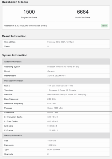 Intel Core i5-11400 Geekbench run (imagem via Geekbench)