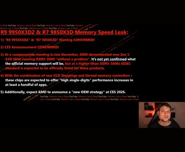 Slide do vídeo Moore's Law Is Dead resumindo os vazamentos sobre as CPUs AMD Zen 5 X3D, incluindo testes de memória DDR5-9800 e planos para a CES 2026 (Fonte da imagem: Moore's Law Is Dead / YouTube)
