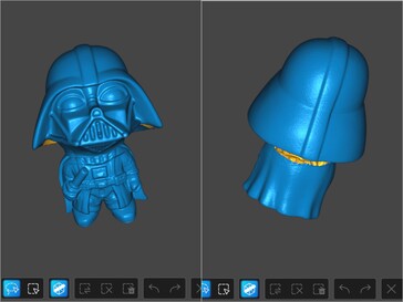 Modelo 3D escaneado a laser azul de linha paralela da figura de Darth Vader em sua maior parte preta
