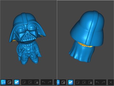 Modelo 3D escaneado a laser azul de linha paralela da figura de Darth Vader em sua maior parte preta